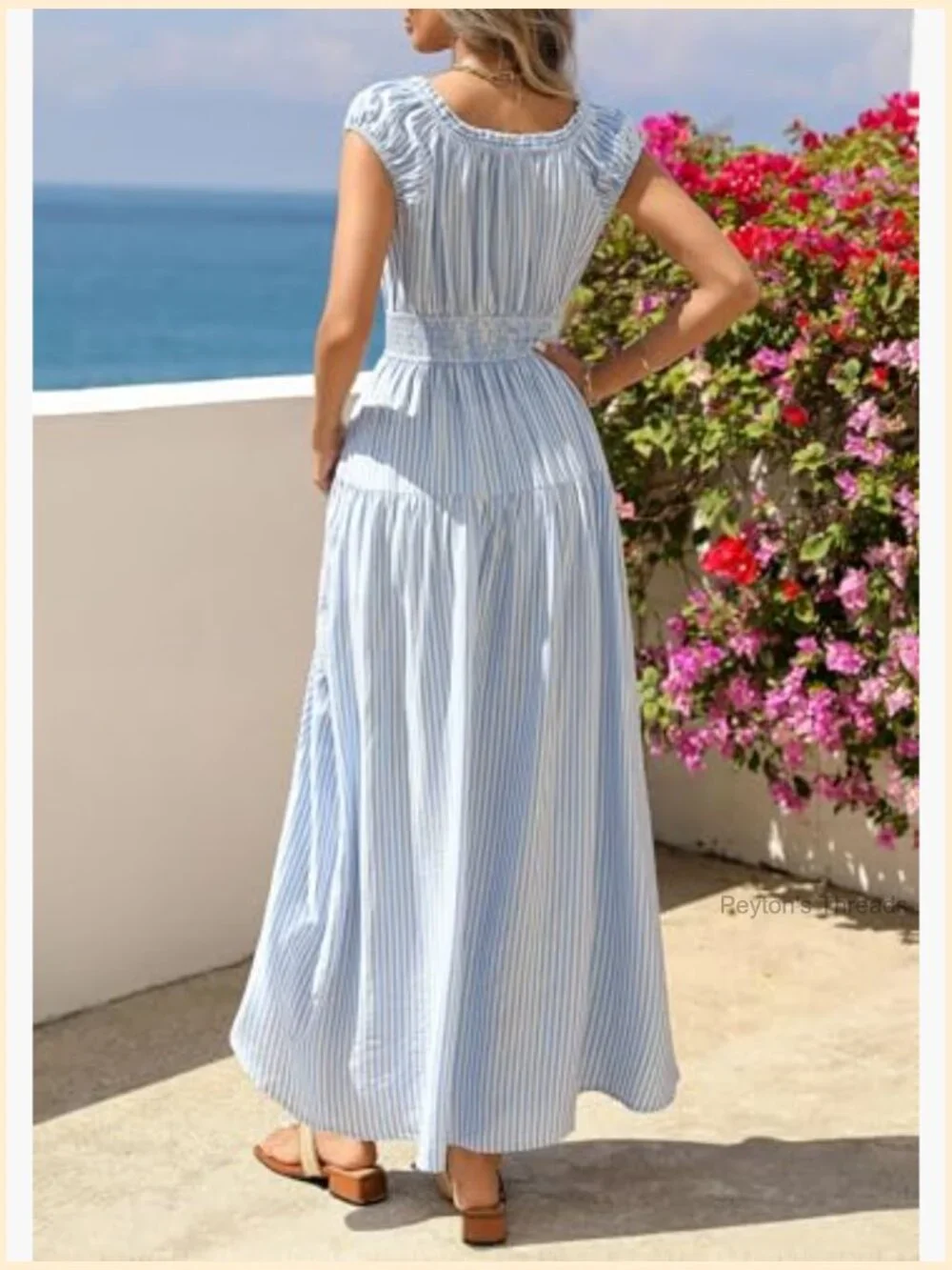 Boho Maxi Dress with Pockets Flowy Square Neck Cap Sleeve - Picture 4 of 7